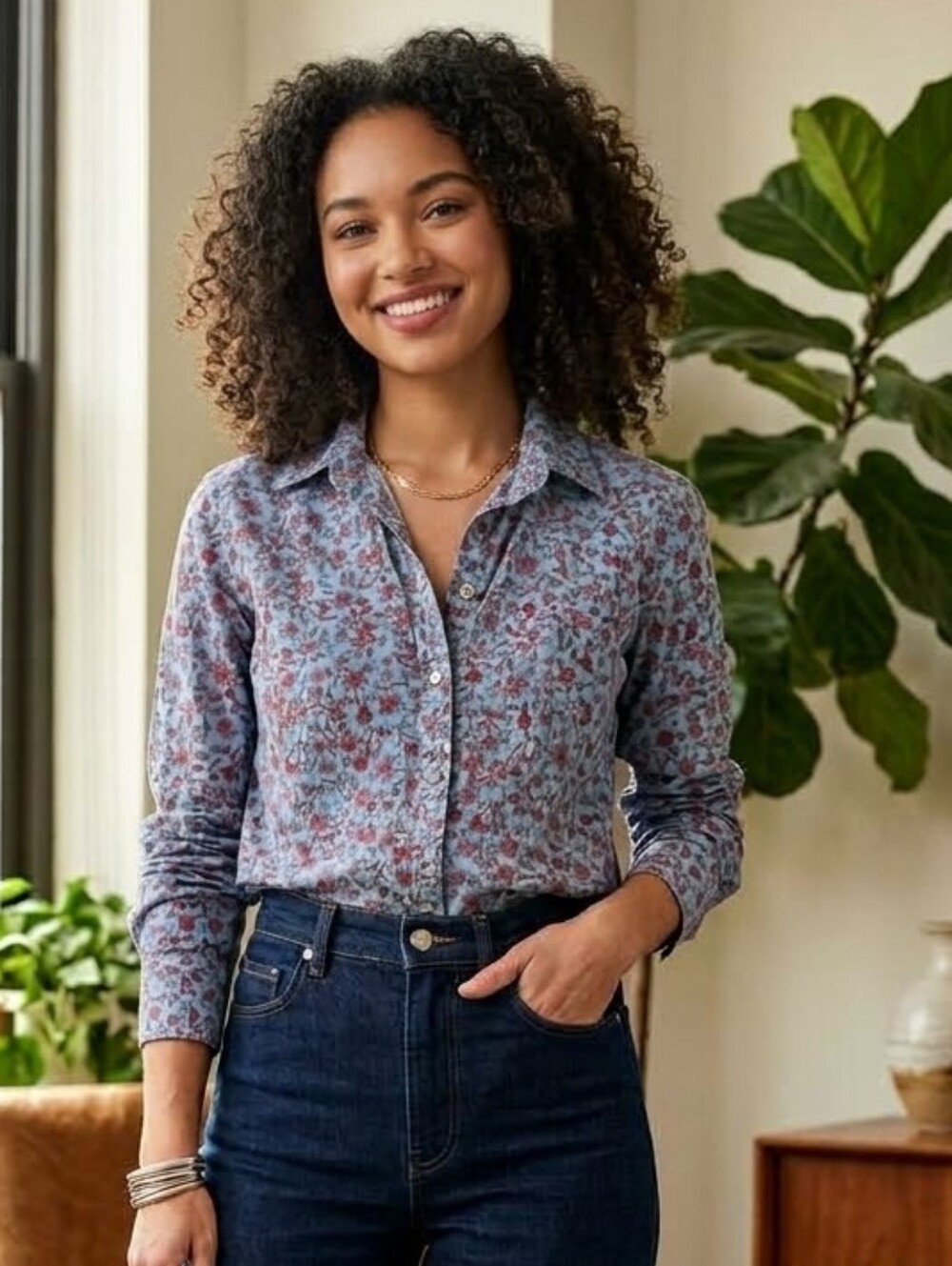 Billabong Light Blue Floral Button-Up Blouse with Red Print